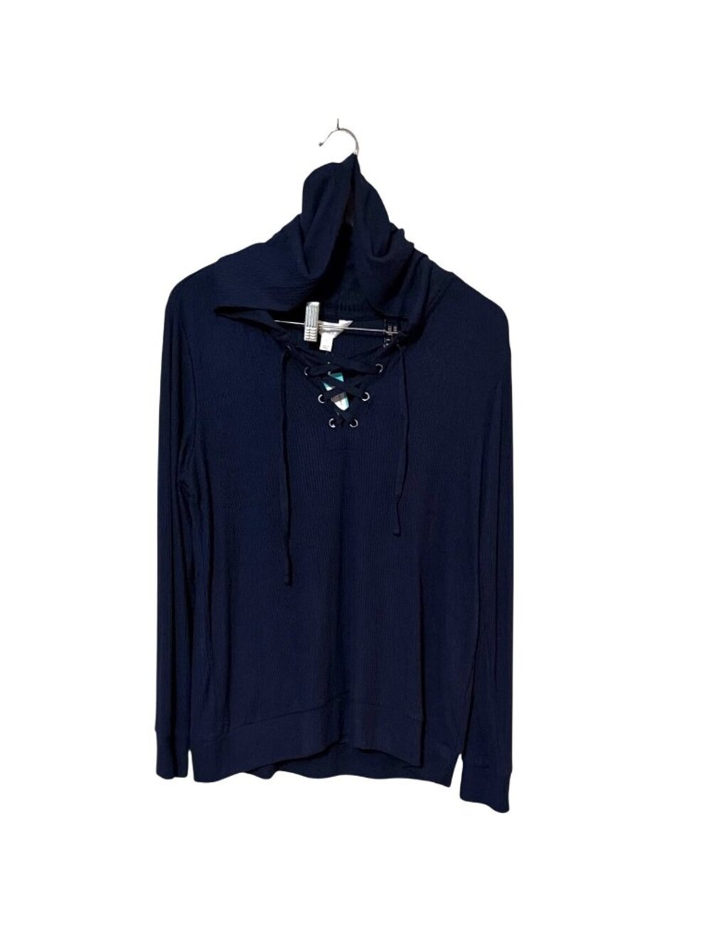 NWT Market & Spruce Navy Blue Lace-Up Hoodie‎ Ribbed Knit Longsleeve Size L